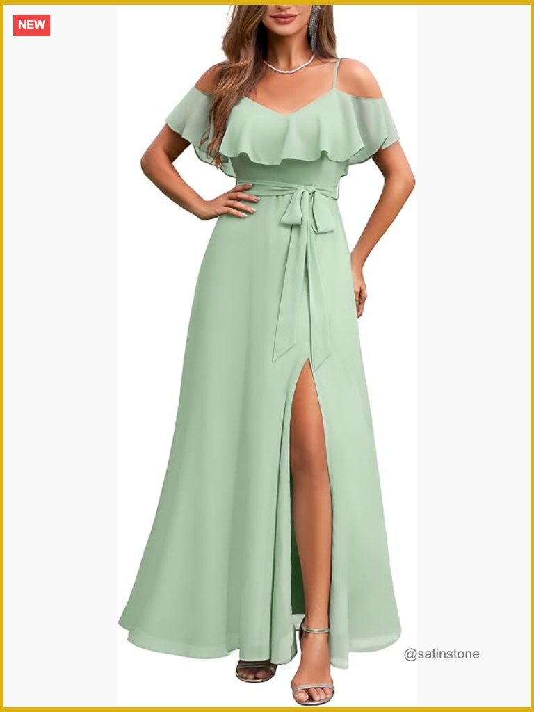Off Shoulder Wedding Guest Prom Chiffon Maxi Dress With Side Slit